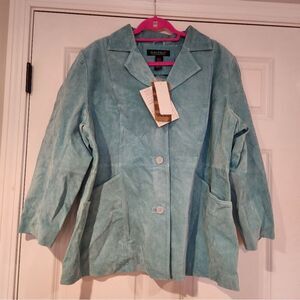 NWT Dialogue 100% washable genuine leather Suede mint blue jacket 1X